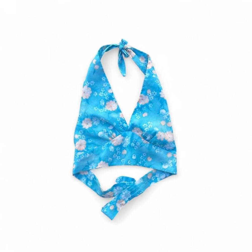 2000s Vintage Blue Floral Halter Neck Crop Top